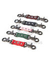Leather connectors for handcuffs with metal carabiners. The photo shows all leather colors: black, green, pink, marsala, red, and dark nickel hardware.