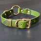 Green leather collar with gold hardware on a dark background