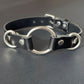 Black leather collar with silver hardware on a reflective surface
