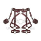 Leather belt with garters and cuffs fastened to the belt at the waist is made of marsala colored genuine leather and dark nickel colored metal hardware. The photo was taken in 3D to show each strap from the outside and inside. 
Front view. 