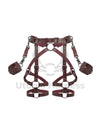 Leather belt with garters and cuffs fastened to the belt at the waist is made of marsala colored genuine leather and dark nickel colored metal hardware. The photo was taken in 3D to show each strap from the outside and inside. 
Front view. 