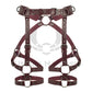 Leather garter belt is made of marsala-colored genuine leather and dark nickel-colored metal hardware. Photo is made in 3D to show each strap from both the outside and inside. 
Front view.