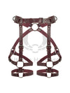 Leather garter belt is made of marsala-colored genuine leather and dark nickel-colored metal hardware. Photo is made in 3D to show each strap from both the outside and inside. 
Front view.