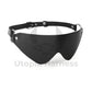 Narrow leather bondage mask to cover the eyes. 
Black leather, dark nickel hardware.