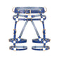 Front view of the Torquea leather butt harness with a wide waist belt, adjustable hip belt, front support straps, double adjustable thigh straps, side D-rings, and gold-tone metal hardware.