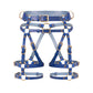 Front close-up of a deep blue open crotch leather garter belt with adjustable straps, thigh straps, D-rings, double-ended metal snap hook connectors, and gold-tone metal hardware.