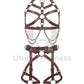Leather harness with open bust and chains paired with a leather garter belt. Photographed in 3D. Shows how the straps look from the inside and outside. Marsala leather, dark nickel hardware. Front view.