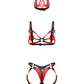 Back view of a leather three-piece set with a five-point cone crown, contour chest harness, adjustable strap-on harness, round metal rings, buckle straps, black leather with red edges, and dark nickel hardware.