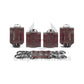 Marsala leather handcuffs and ankle cuffs with two connectors and carabiners are buckled and lay next to each other to show the difference in diameter. Dark nickel hardware.