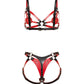 Back view of a reversible leather harness bra and matching strap-on harness made from dual-color leather with a black exterior and red interior. The contour bra features removable and adjustable leather nipple covers secured with Chicago screws, allowing a customized fit for different bust sizes or complete removal. Below, the matching harness shows a thong-style rear panel with adjustable leg straps and movable side rings for different strap-on ring diameters. Black metal hardware and multiple buckle adjus