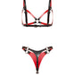 Rear view of a leather open bra and leather thong set in black and red genuine leather. The open bra has crossed leather straps, adjustable shoulder straps, side straps, and a buckle-adjusted back band. The leather thong has a rear leather panel, side buckle straps, and metal rings on both sides.