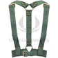 Wide chest harnesses with D-rings for attaching handcuffs or other accessories. Front view on the invisible mannequin. Demonstrates how the harness will sit on the body. Gold hardware, green leather.
