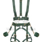 Wide chest harness with bondage garters with handcuffs attached to the garters with D-rings. Front view on invisible mannequin to show all details. Gold hardware.