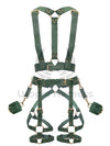 Wide chest harness with bondage garters with handcuffs attached to the garters with D-rings. Front view on invisible mannequin to show all details. Gold hardware.