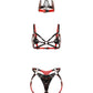 Front view of a leather three-piece set with a cone crown, contour chest harness with removable cup covers, adjustable strap-on harness, interchangeable front rings, black leather with red edges, and dark nickel hardware.