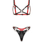 Front view of a leather open bra and leather thong set in black and red genuine leather. The open bra features 5/8 inch (1.5 cm) and 3/4 inch (2 cm) leather straps, an O-ring center connector, adjustable shoulder straps, side straps, and a buckle-adjusted back band. The leather thong has a large front panel, side buckle straps, and metal rings.