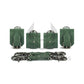 Green leather handcuffs and ankle cuffs with two connectors and carabiners are buckled and lay next to each other to show the difference in diameter. Dark nickel hardware.