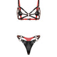 Front view of the Tempta contour lingerie set. The genuine leather set includes an open contour bra with removable leather cup covers, adjustable shoulder straps, intersecting front straps, an adjustable underbust strap, and a leather thong with a large front leather panel, side buckle straps, and metal rings.