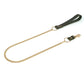 Gold chain leash with green leather handle on a white background