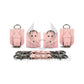 Pink leather handcuffs and ankle cuffs with two connectors and carabiners are buckled and lay next to each other to show the difference in diameter. Dark nickel hardware.