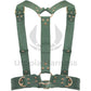Wide chest harnesses with D-rings for attaching handcuffs or other accessories. Back view on the invisible mannequin. Demonstrates how the harness will sit on the body. Gold hardware, green leather.