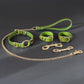 Green and gold collar, leash, and handcuffs on a dark gray background