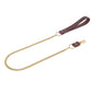 Gold chain strap with leather handle on a white background