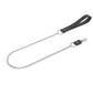 Black leather bdsm leash with a metal clasp on a white background