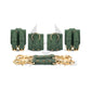 Green leather handcuffs and ankle cuffs with intertwined X straps and two connectors with carabiners are buckled and lay next to each other to show the difference in diameter. Gold hardware.
