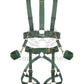Wide chest harness with bondage garters with handcuffs attached to the chest harness with D-rings. Front view on invisible mannequin to show all details. Gold hardware.