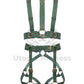 Wide chest harness with bondage garters. Front view on invisible mannequin to show all details. Gold hardware and green leather.