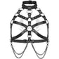 Chest harnesses with open bust and chains. Front view on an invisible mannequin. Demonstrates how the harness will sit on the body. Dark nickel  hardware, black leather.