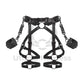 Leather belt with garters and cuffs fastened to the belt at the waist is made of black colored genuine leather and dark nickel colored metal hardware. The photo was taken in 3D to show each strap from the outside and inside. 
Front view. 