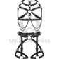 Leather harness with open bust and chains paired with a leather garter belt. Photographed in 3D. Shows how the straps look from the inside and outside. Black leather, dark nickel hardware. Front view.