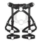 Leather garter belt is made of black-colored genuine leather and dark nickel-colored metal hardware. Photo is made in 3D to show each strap from both the outside and inside. 
Front view.