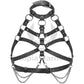 Chest harnesses with open bust and chains. Back view on an invisible mannequin. Demonstrates how the harness will sit on the body. Dark nickel  hardware, black leather.