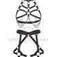 Leather harness with open bust and chains paired with a leather garter belt. Photographed in 3D. Shows how the straps look from the inside and outside. Black leather, dark nickel hardware. Back view.