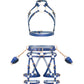Front view of a deep blue leather full body bondage harness set with an open bust harness, open crotch garter belt, wrist cuffs, removable leather handle, large front ring, adjustable straps, and gold-tone metal hardware.