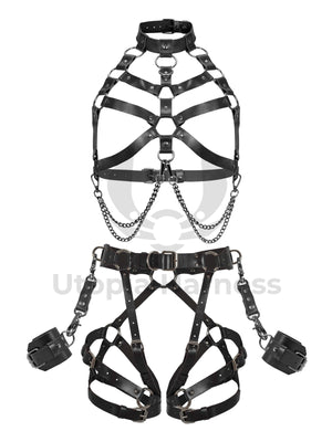 Leather harness with open bust and chains paired with leather garter belt open butt and crotchless. Photographed on an invisible mannequin, showing how each harness will sit on the figure. Black leather, dark nickel hardware. Front view