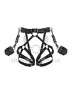 Leather garter belt with open butt and crotchless harness. With handcuffs fastened to D-rings. Front view on invisible mannequin. Demonstrates how the harness will sit on the body. Dark nickel hardware, black leather.