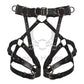 Leather garter belt with open butt and crotchless. Front view on an invisible mannequin. Demonstrates how the harness will sit on the body. Dark nickel hardware, black leather.