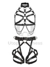Leather harness with open bust and chains paired with leather garter belt with open butt and crotchless. Photographed on an invisible mannequin, showing how each harness will sit on the figure. Black leather, dark nickel hardware. Front view.