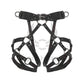Leather garter belt with open butt and crotchless. Front view on an invisible mannequin. Demonstrates how the harness will sit on the body. Dark nickel hardware, black leather.