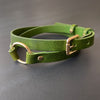 Green leather choker with gold buckle on a gray background