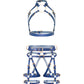 Front view of a deep blue leather full body  harness set with an open bust harness, open crotch garter belt, removable leather handle, large front ring, adjustable straps, and gold-tone metal hardware.