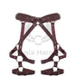 Leather garter belt is made of marsala-colored genuine leather and dark nickel-colored metal hardware. Photo is made in 3D to show each strap from both the outside and inside. 
Back view.