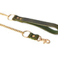 Green leather leash with gold chain and clasp on a white background
