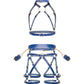 Rear view of a deep blue leather full body bondage harness set with an open crotch garter belt, removable leather handle, wrist cuffs, diagonal back straps, thigh straps, and gold-tone metal hardware.