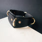 Black leather collar with gold hardware on a dark background