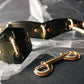Green leather collar with gold hardware on a reflective surface